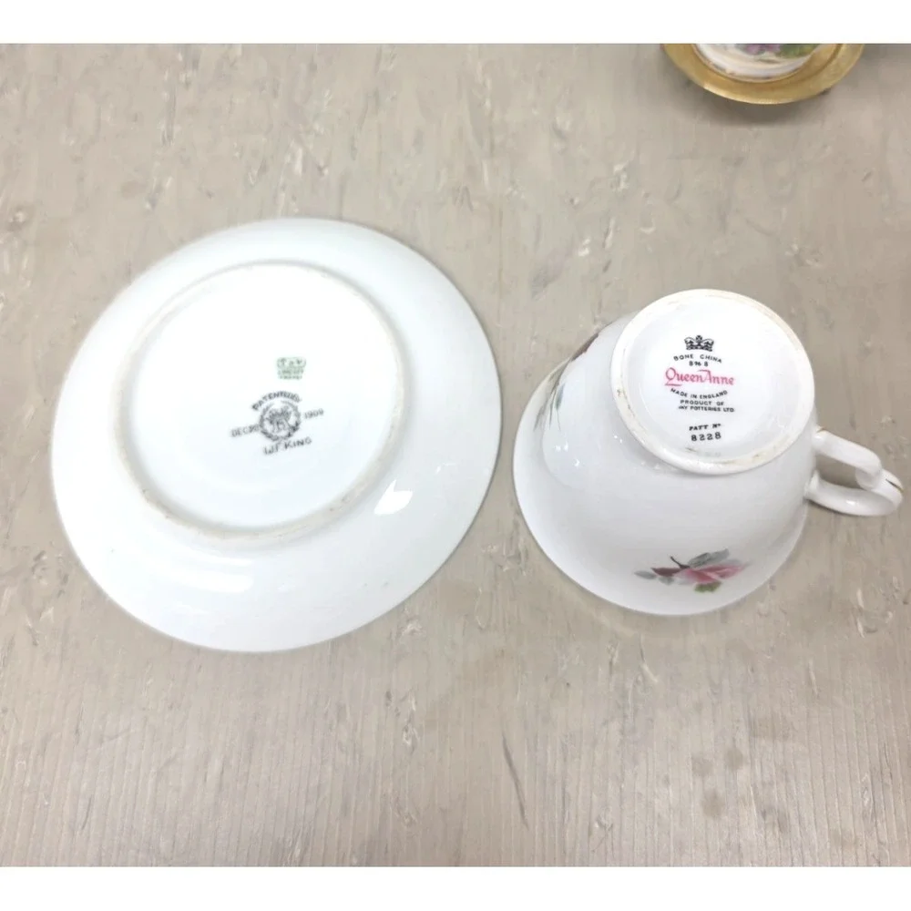 Mismatch Vtg Tea Set for 2 English Bone China Violets Roses Floral Cottagecore